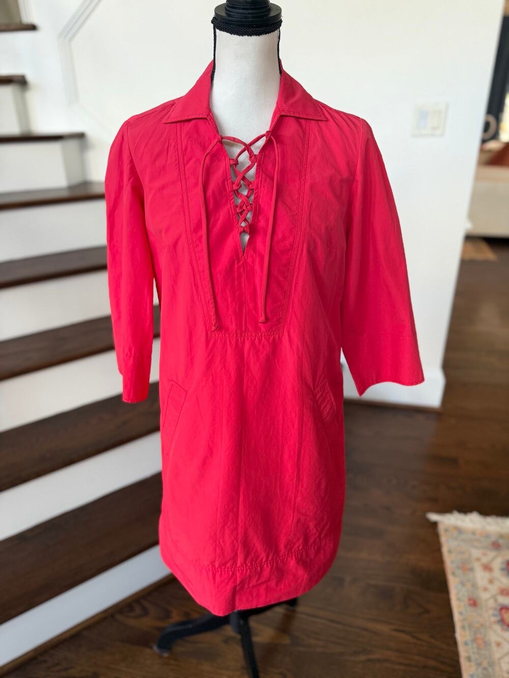Finley Red Performance Fabric Lace Up Collared Shift Knee Length Dress Casual